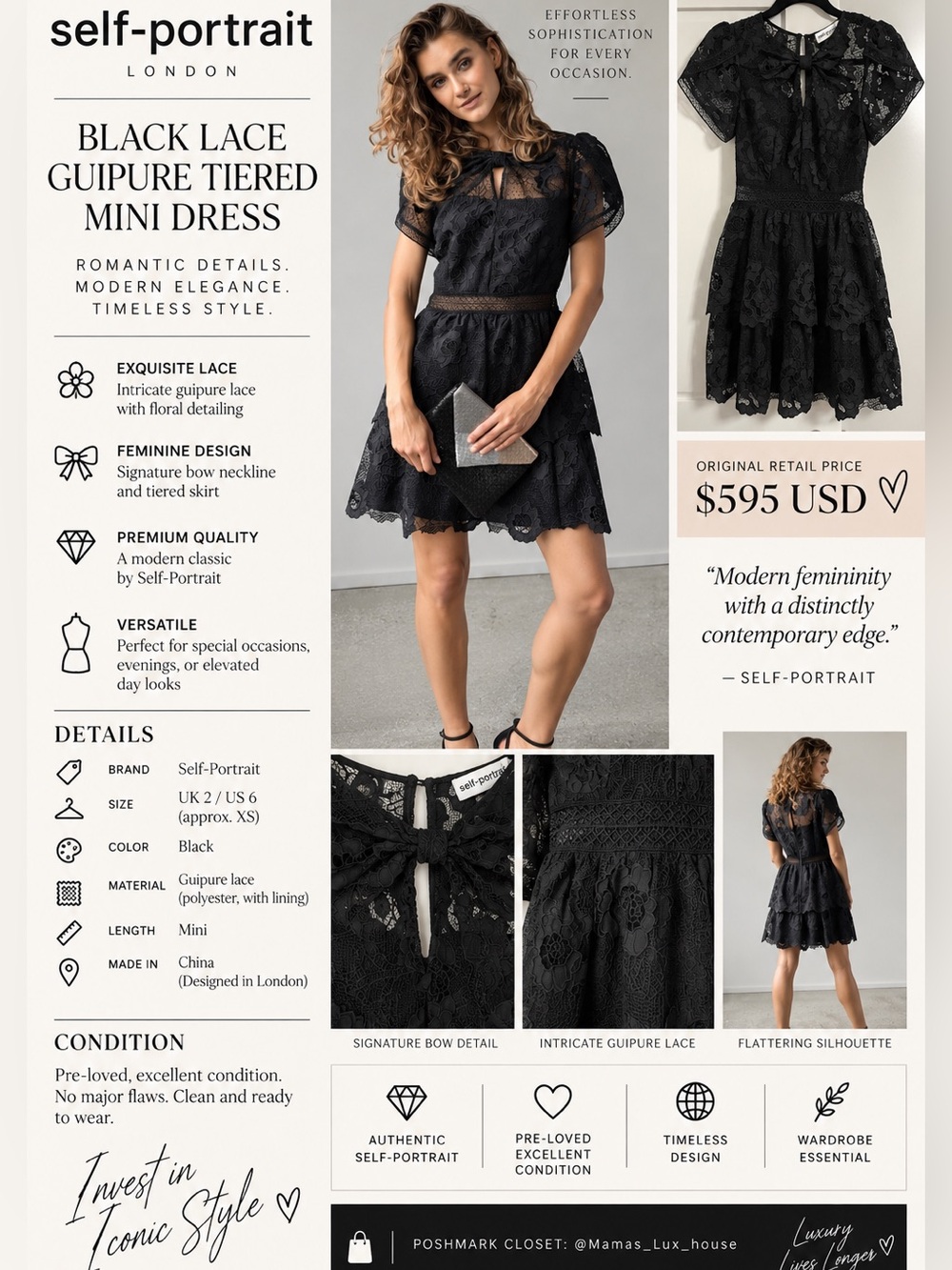 ✨SELF PORTRAIT✨ FLORAL LACE COCKTAIL DRESS (Retails $595USD) IN BLACK